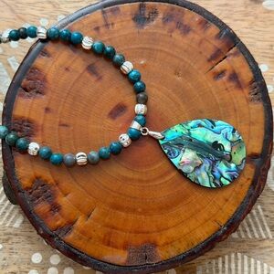 Beautiful Blue Emperor Jasper Beaded Necklace W/ Shiny Abalone Teardrop Pendant
